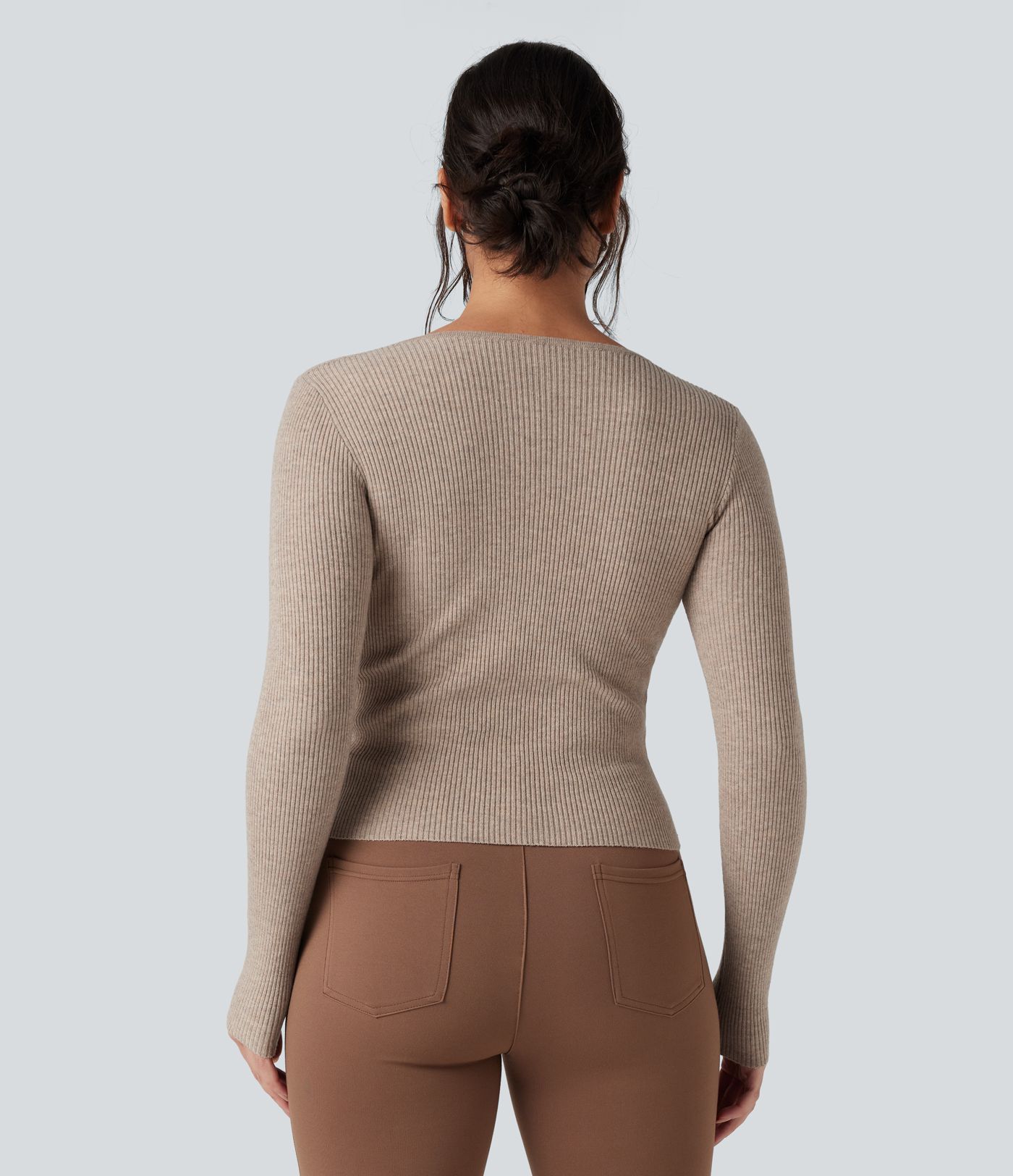 Ribbed Knit Sweetheart Neck Long Sleeve Work Sweater