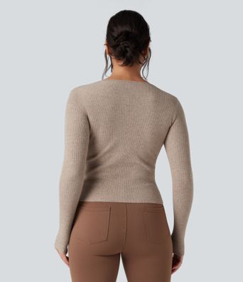 Ribbed Knit Sweetheart Neck Long Sleeve Work Sweater