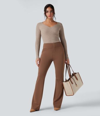 Ribbed Knit Sweetheart Neck Long Sleeve Work Sweater