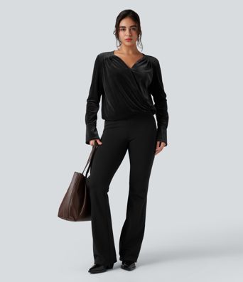 Blouse de travail en velours à col V croisé et manches longues