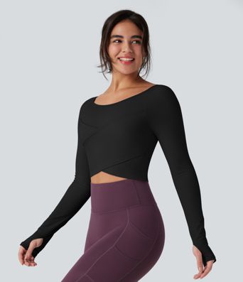 SoftlyZero™ Plush Round Neck Long Sleeve Thumb Hole Crossover Hem Yoga Sports Top