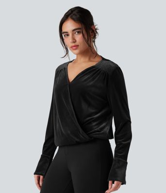 Blouse de travail en velours à col V croisé et manches longues