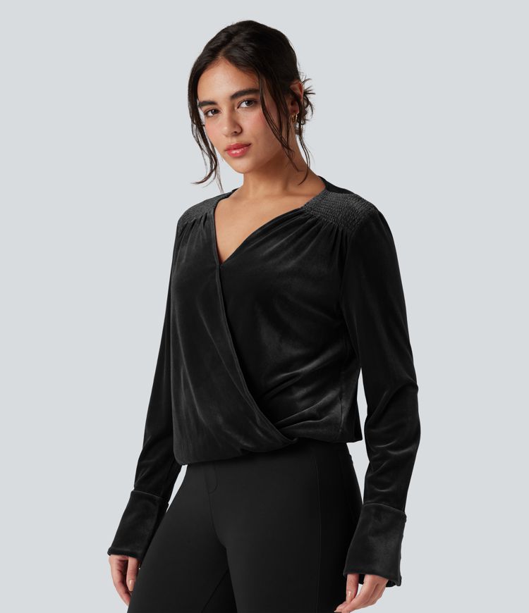 Blouse de travail en velours à col V croisé et manches longues