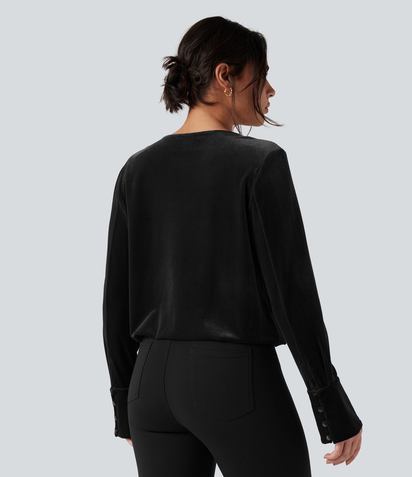 Blouse de travail en velours à col V croisé et manches longues