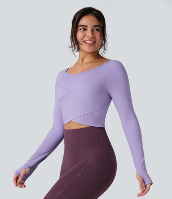 SoftlyZero™ flauelsmjúkur jóga- og íþróttatoppur með hringhálsi, löngum ermum, þumalopum og krossuðum kanti