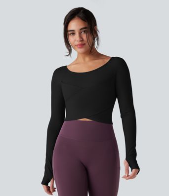SoftlyZero™ Plush Round Neck Long Sleeve Thumb Hole Crossover Hem Yoga Sports Top
