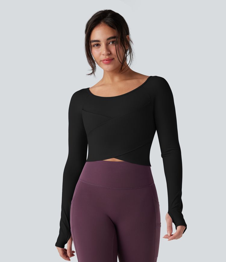 SoftlyZero™ Plush Round Neck Long Sleeve Thumb Hole Crossover Hem Yoga Sports Top