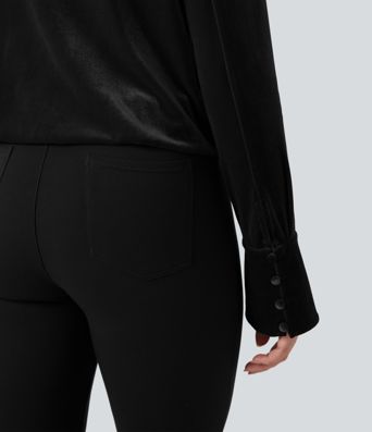 Blouse de travail en velours à col V croisé et manches longues