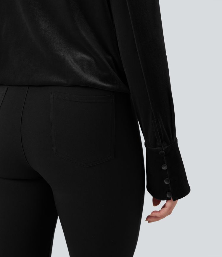 Blouse de travail en velours à col V croisé et manches longues