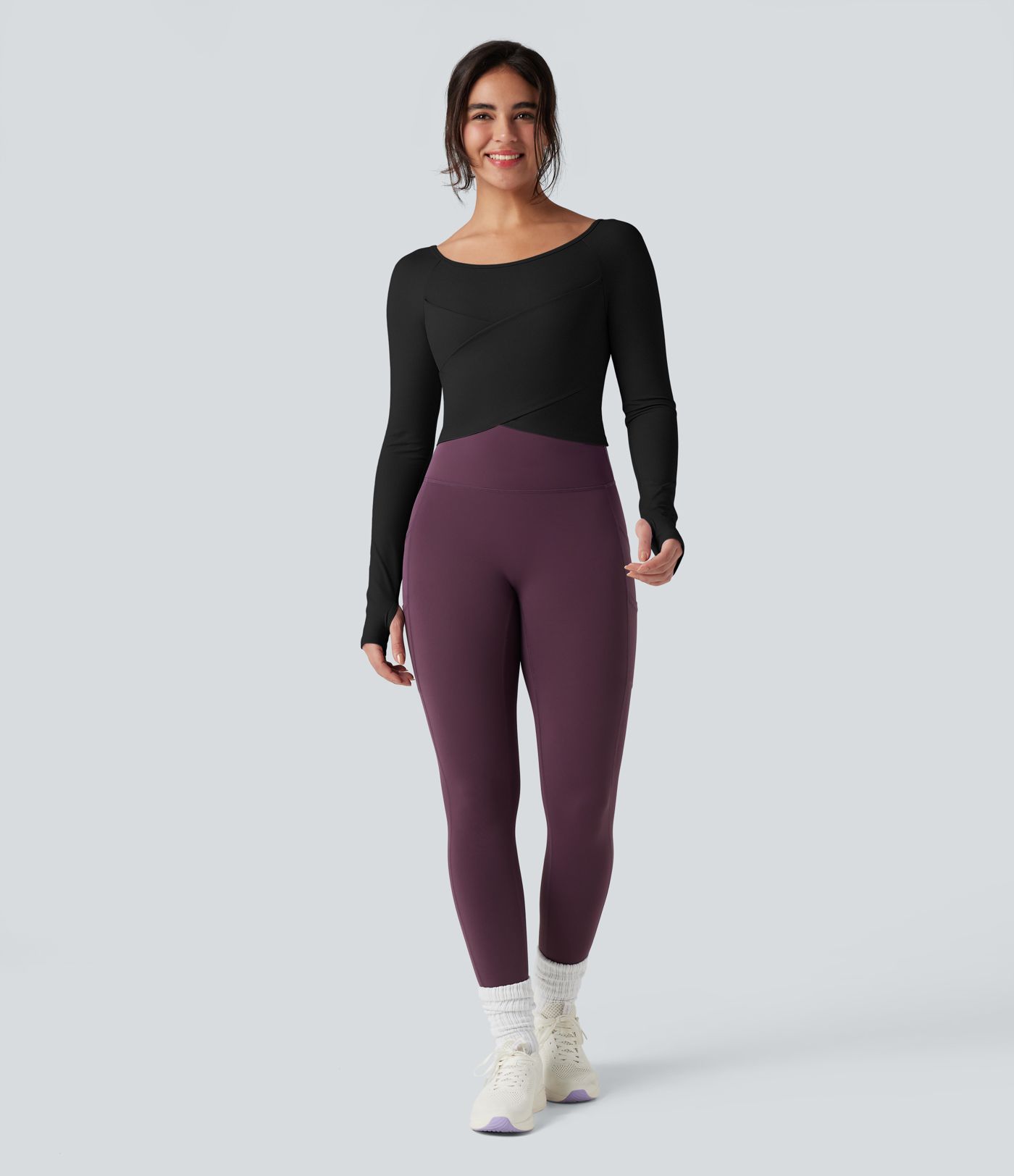 SoftlyZero™ Plush Round Neck Long Sleeve Thumb Hole Crossover Hem Yoga Sports Top