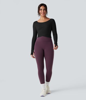 SoftlyZero™ Plush Round Neck Long Sleeve Thumb Hole Crossover Hem Yoga Sports Top