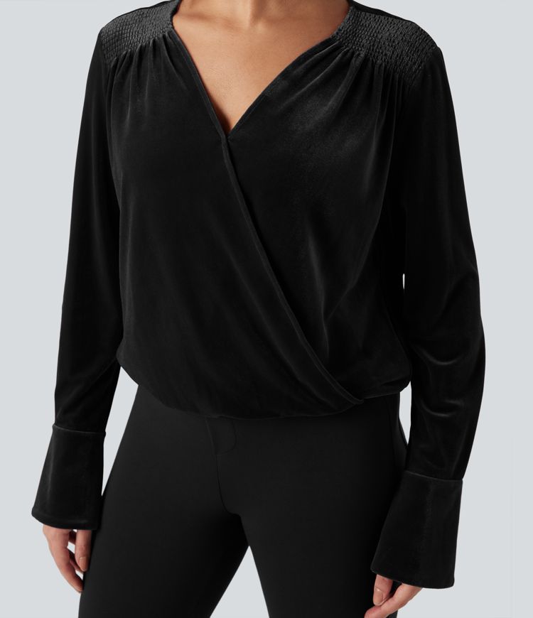 Blouse de travail en velours à col V croisé et manches longues