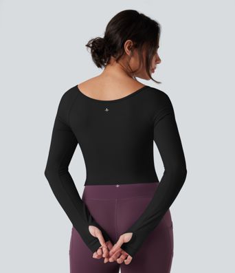 SoftlyZero™ Plush Round Neck Long Sleeve Thumb Hole Crossover Hem Yoga Sports Top