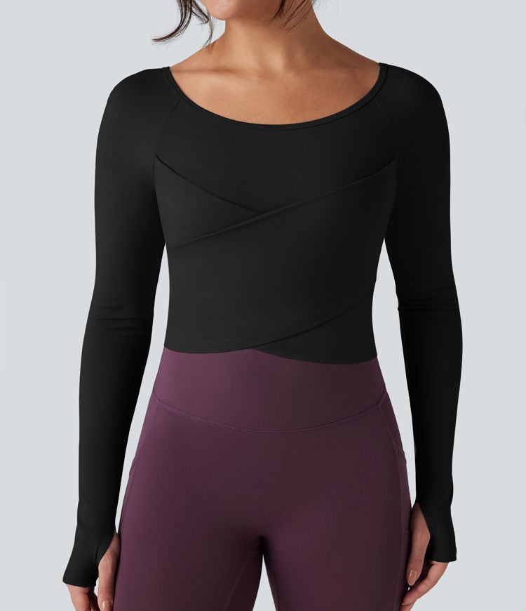 SoftlyZero™ Plush Round Neck Long Sleeve Thumb Hole Crossover Hem Yoga Sports Top