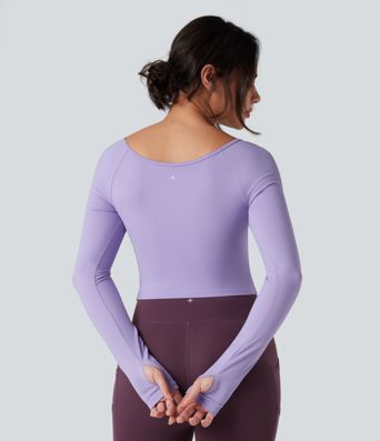 SoftlyZero™ flauelsmjúkur jóga- og íþróttatoppur með hringhálsi, löngum ermum, þumalopum og krossuðum kanti