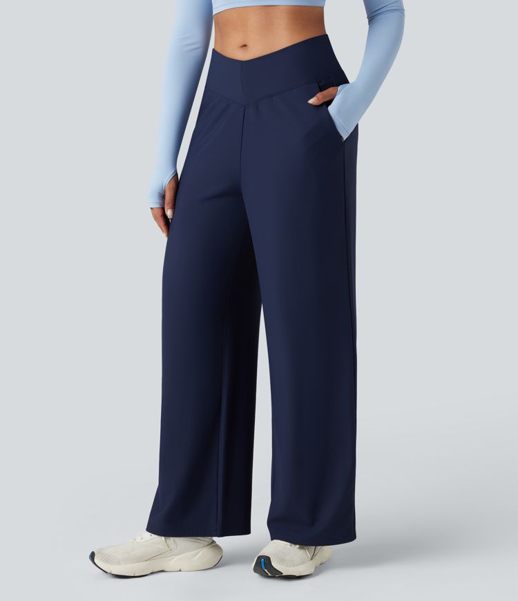 Pantalon ample de yoga en polaire, taille haute en V, avec poches