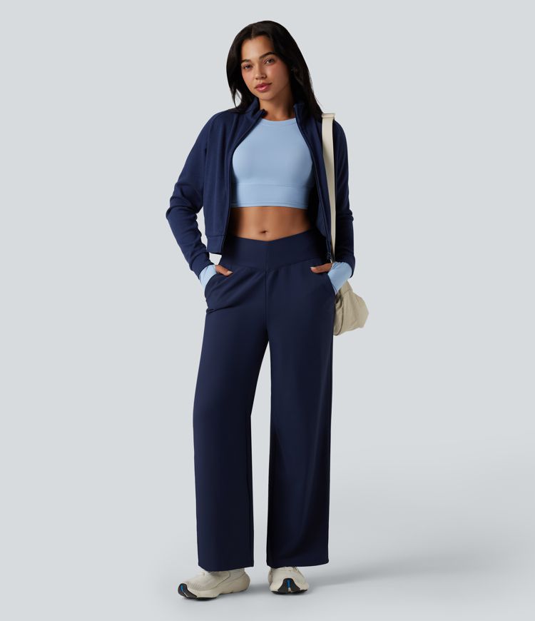 Pantalon ample de yoga en polaire, taille haute en V, avec poches