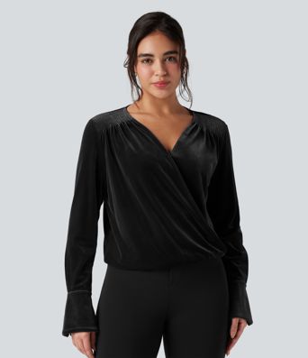 Blouse de travail en velours à col V croisé et manches longues