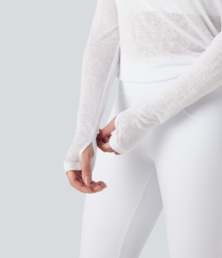 Sheer One Shoulder Long Sleeve Thumb Hole Yoga Sports Top