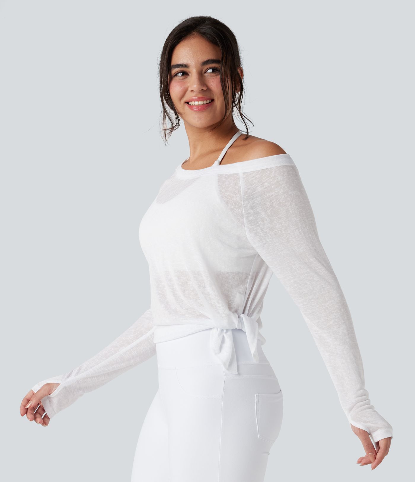 Sheer One Shoulder Long Sleeve Thumb Hole Yoga Sports Top