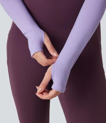 SoftlyZero™ flauelsmjúkur jóga- og íþróttatoppur með hringhálsi, löngum ermum, þumalopum og krossuðum kanti