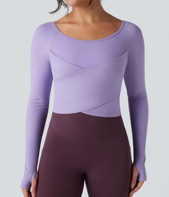 SoftlyZero™ flauelsmjúkur jóga- og íþróttatoppur með hringhálsi, löngum ermum, þumalopum og krossuðum kanti