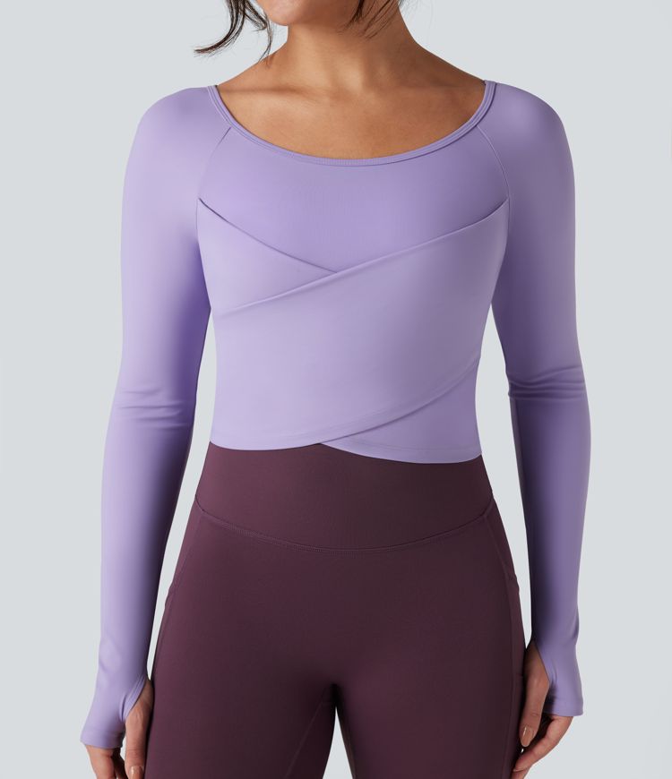 SoftlyZero™ flauelsmjúkur jóga- og íþróttatoppur með hringhálsi, löngum ermum, þumalopum og krossuðum kanti