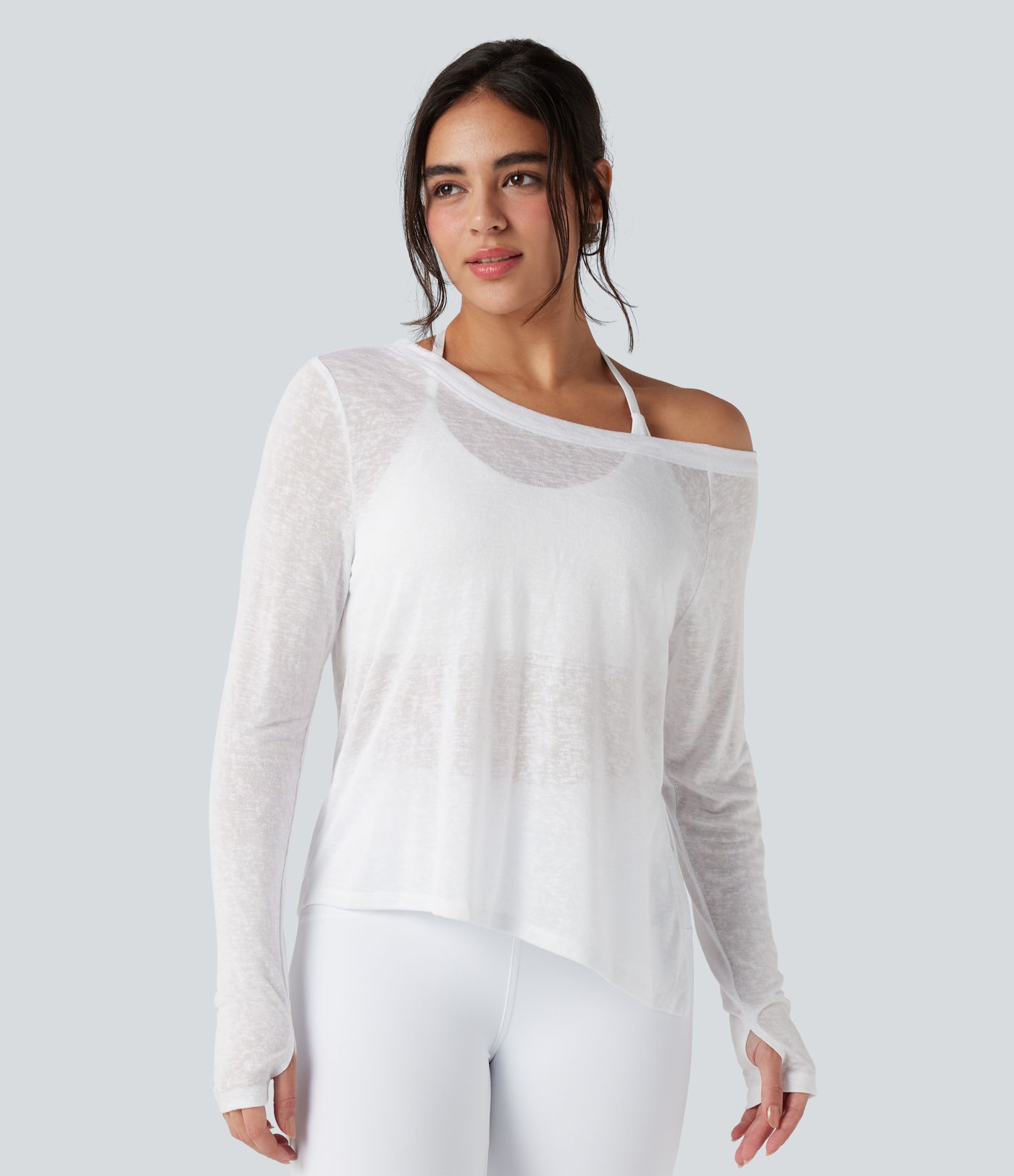 Sheer One Shoulder Long Sleeve Thumb Hole Yoga Sports Top