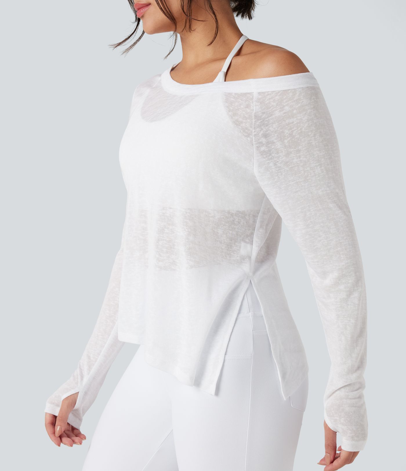 Sheer One Shoulder Long Sleeve Thumb Hole Yoga Sports Top