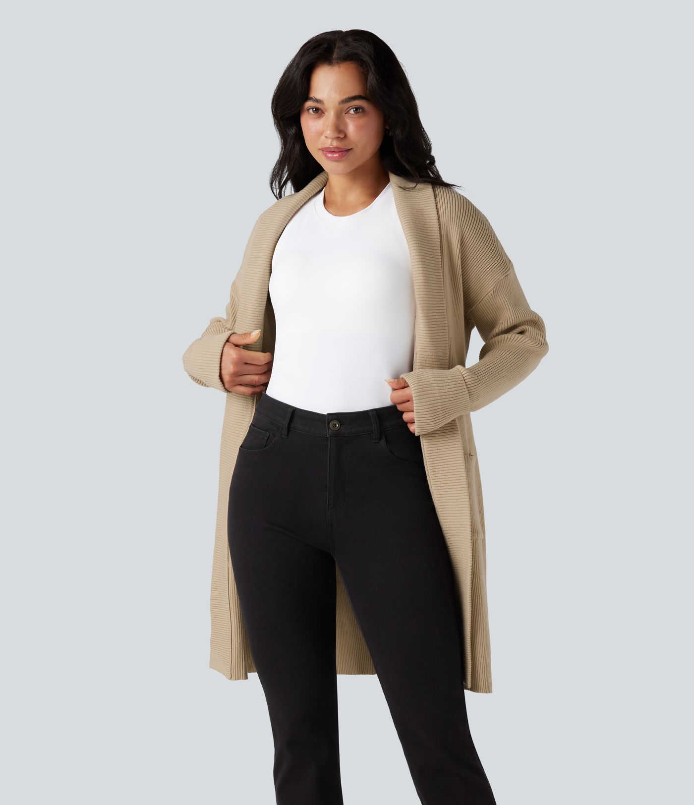 Cardigan long décontracté à revers, manches longues, ceinturé, avec poches