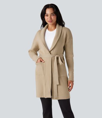 Cardigan long décontracté à revers, manches longues, ceinturé, avec poches