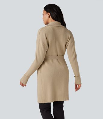 Cardigan long décontracté à revers, manches longues, ceinturé, avec poches