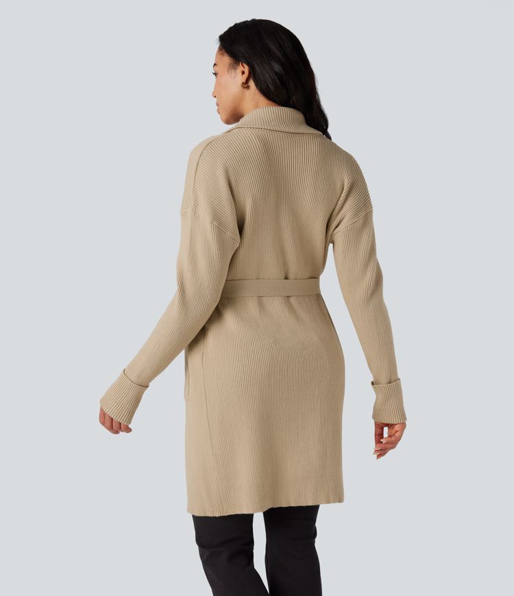 Cardigan long décontracté à revers, manches longues, ceinturé, avec poches