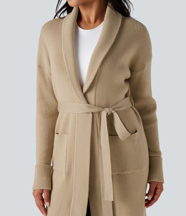 Cardigan long décontracté à revers, manches longues, ceinturé, avec poches