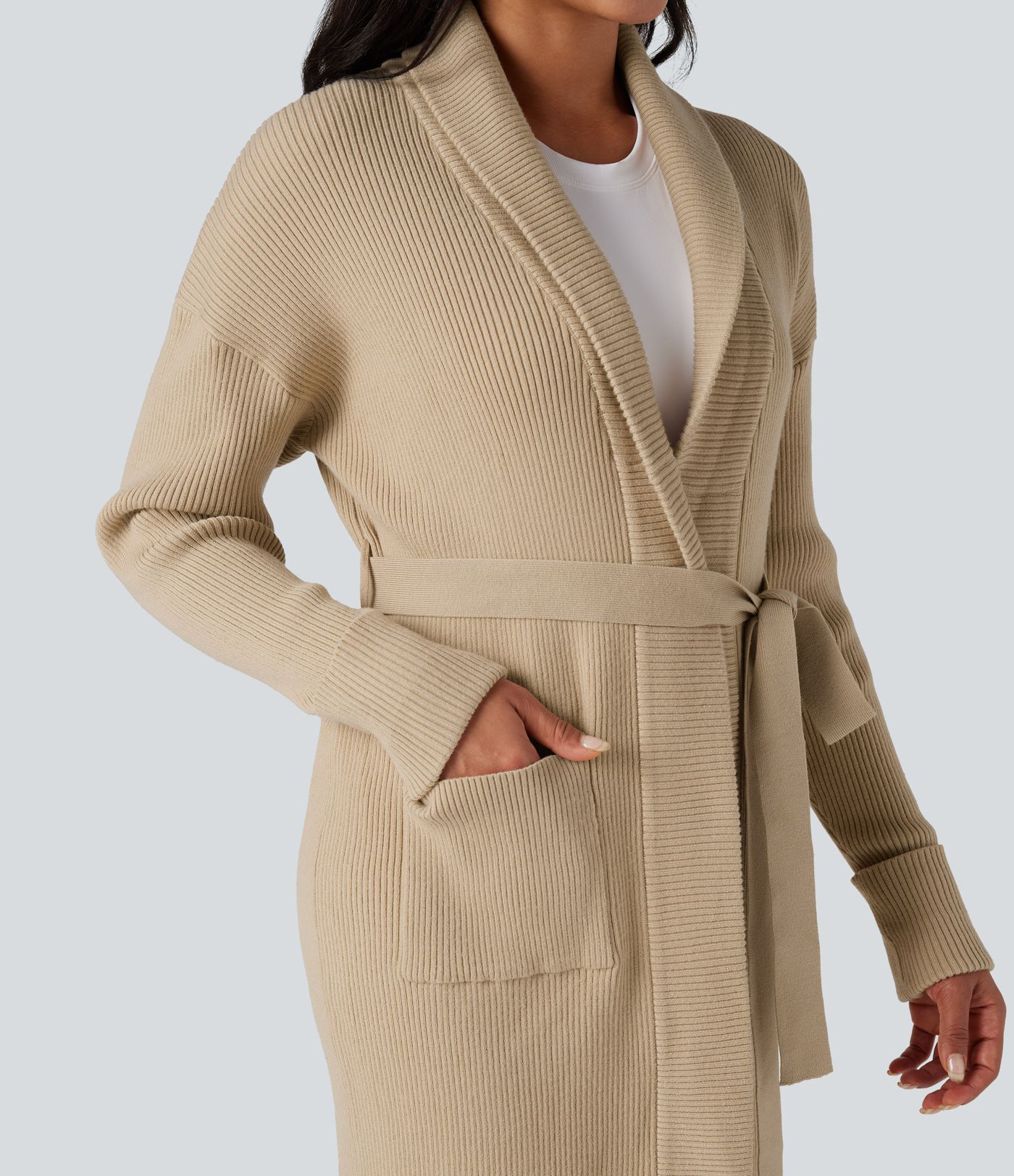 Cardigan long décontracté à revers, manches longues, ceinturé, avec poches