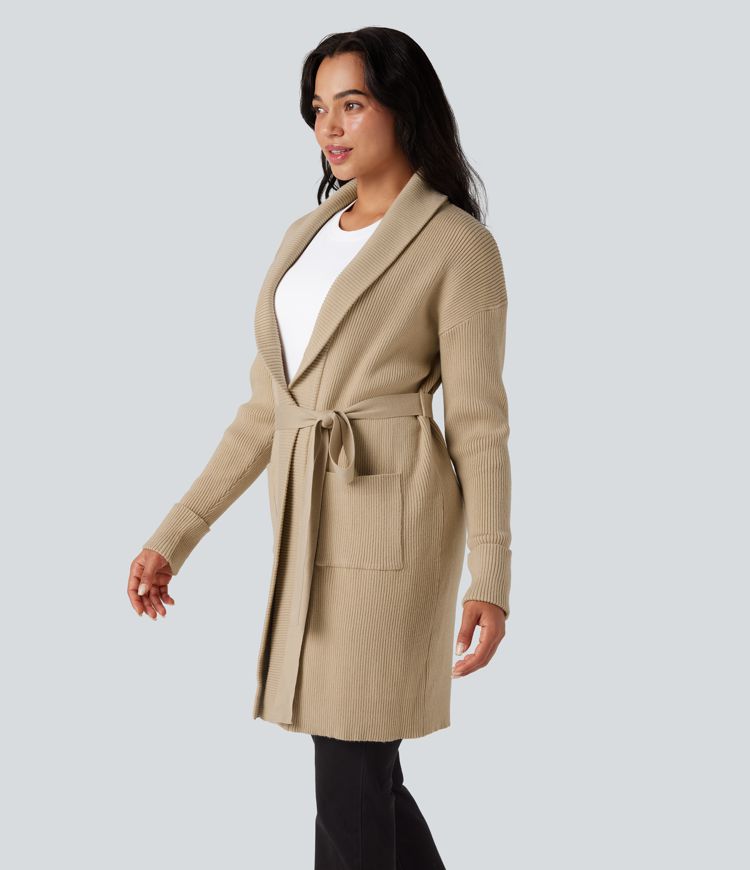 Cardigan long décontracté à revers, manches longues, ceinturé, avec poches