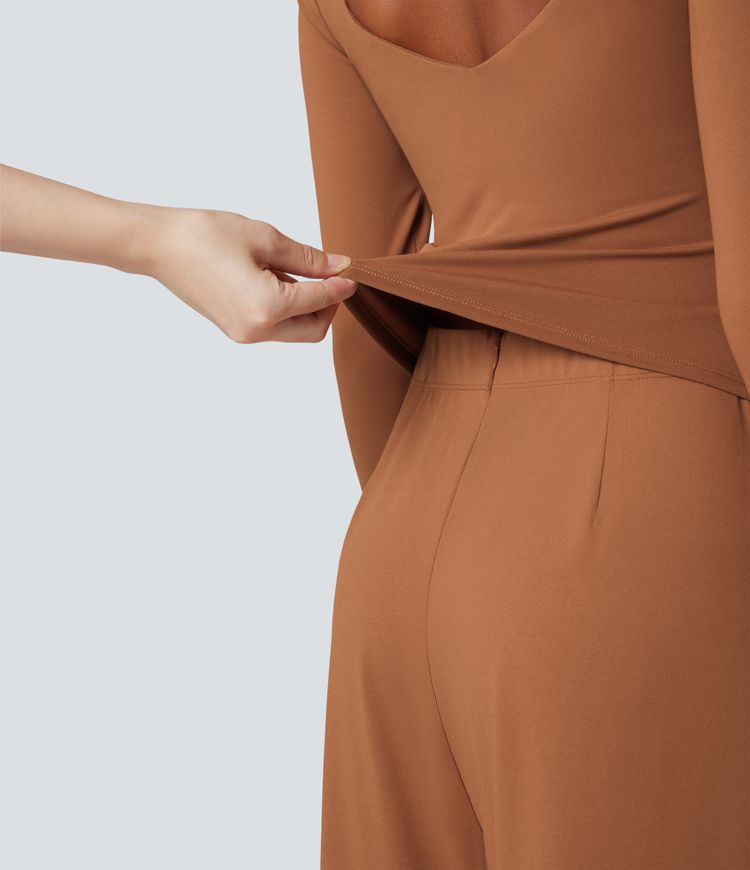 U Back Long Sleeve Casual Jumpsuit with Pockets-Easy Peezy Edition