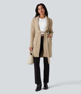 Cardigan long décontracté à revers, manches longues, ceinturé, avec poches