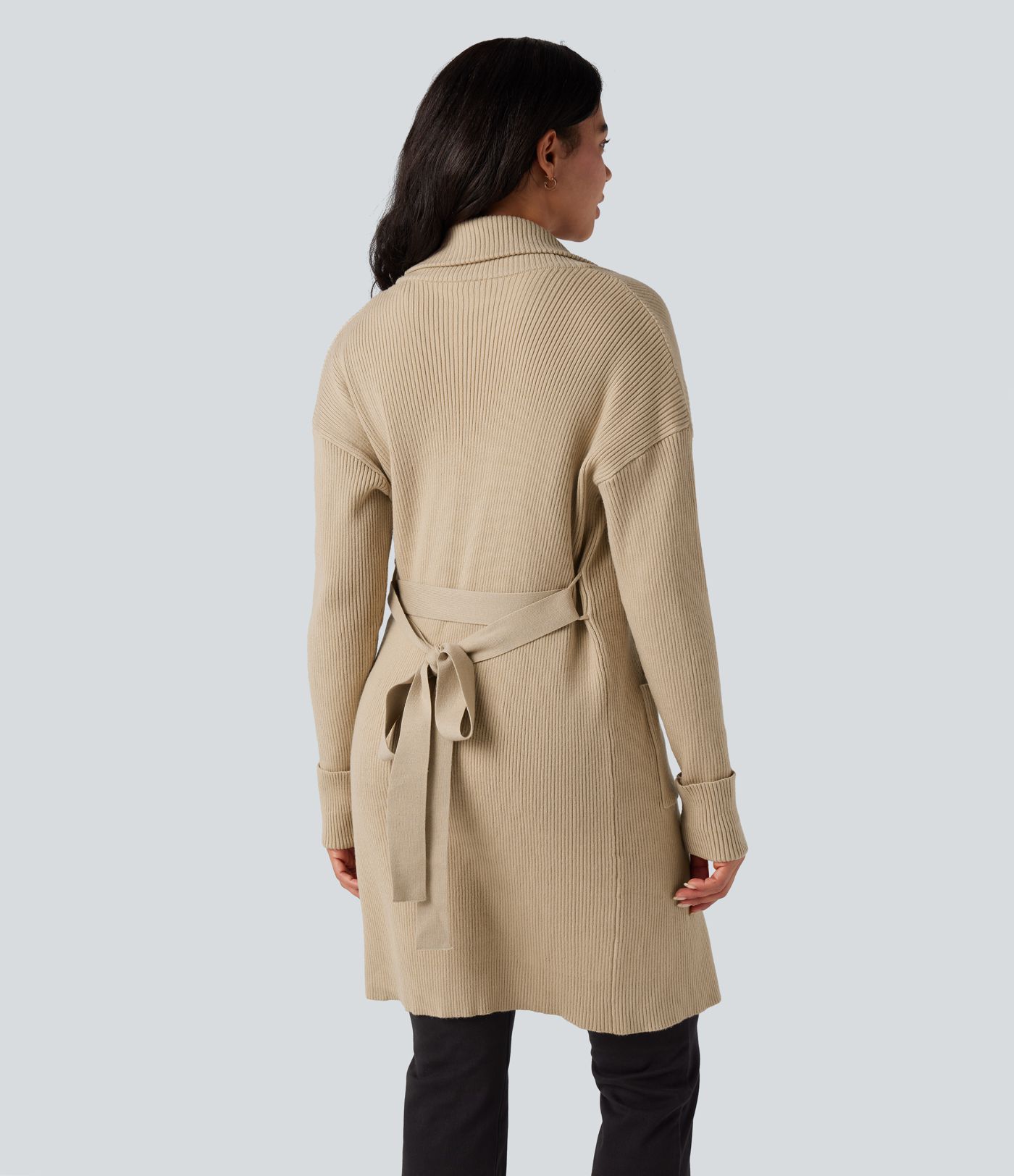 Cardigan long décontracté à revers, manches longues, ceinturé, avec poches