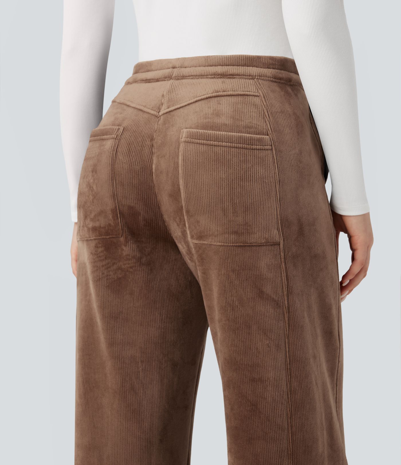 Ribbed Knit Mid Rise Fleece Casual Barrel Leg Pants with Pockets