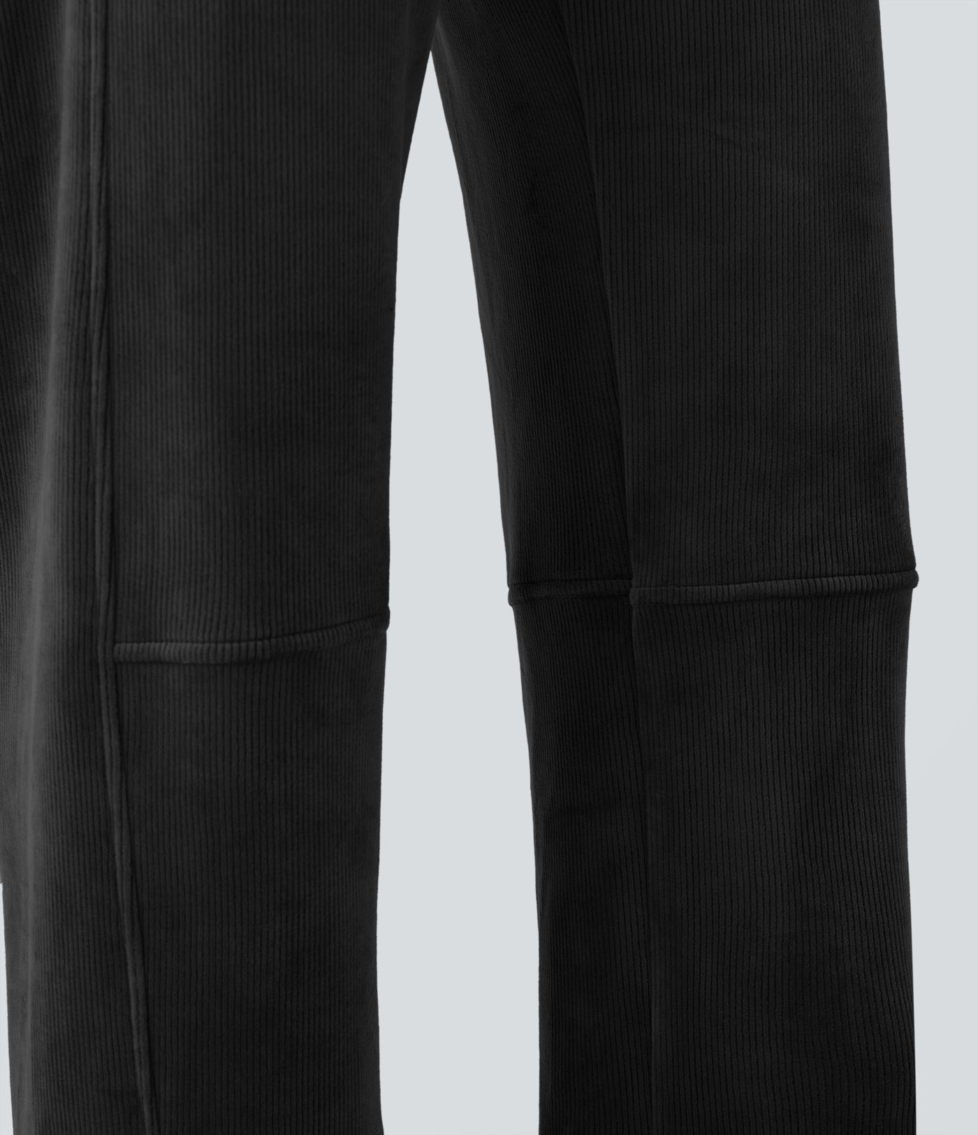 Ribbed Knit Mid Rise Fleece Casual Barrel Leg Pants with Pockets