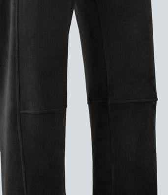 Ribbed Knit Mid Rise Fleece Casual Barrel Leg Pants with Pockets