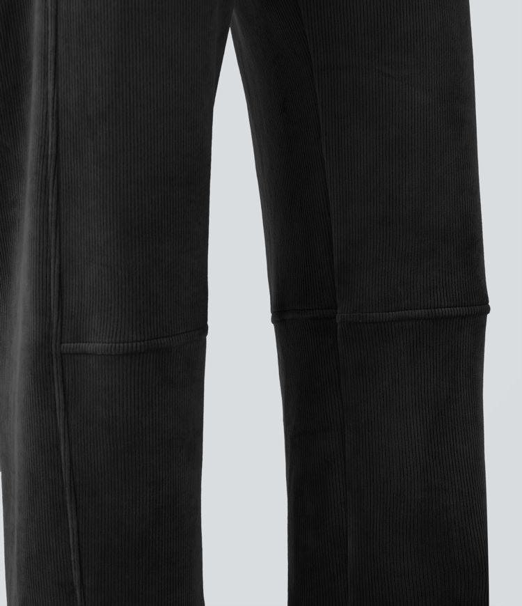 Ribbed Knit Mid Rise Fleece Casual Barrel Leg Pants with Pockets