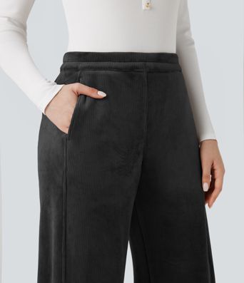 Ribbed Knit Mid Rise Fleece Casual Barrel Leg Pants with Pockets