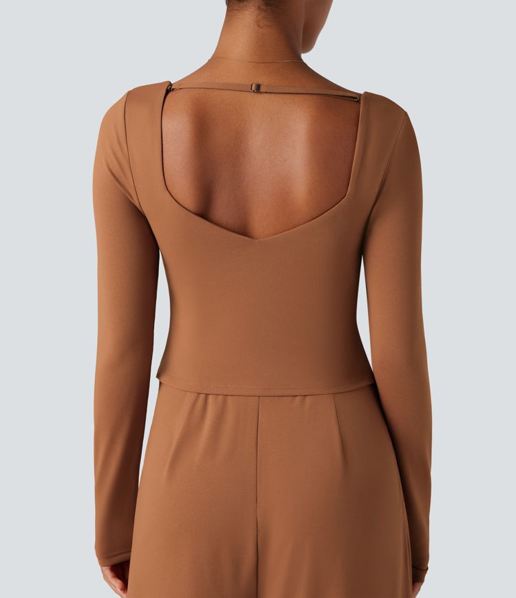 U Back Long Sleeve Casual Jumpsuit with Pockets-Easy Peezy Edition