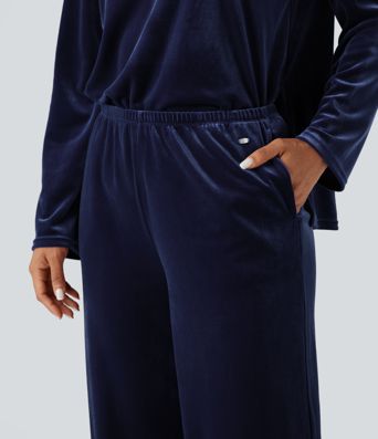 High Waisted Velvet Casual Baggy Lounge Pants with Pockets