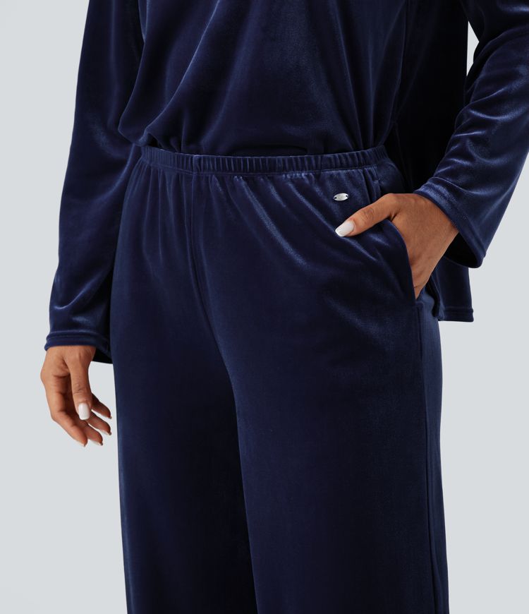 High Waisted Velvet Casual Baggy Lounge Pants with Pockets