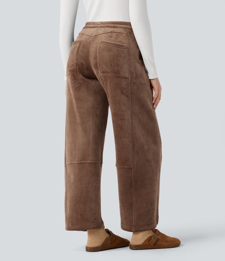 Ribbed Knit Mid Rise Fleece Casual Barrel Leg Pants with Pockets