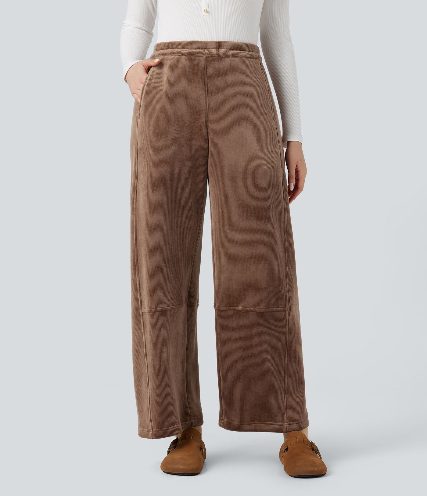 Ribbed Knit Mid Rise Fleece Casual Barrel Leg Pants with Pockets