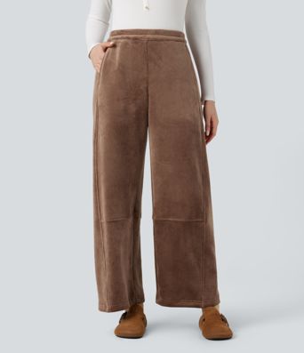Ribbed Knit Mid Rise Fleece Casual Barrel Leg Pants with Pockets
